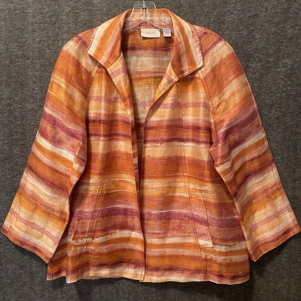 Chicos Jacket Blazer Womens 2‎ Large Linen Blend Open Front 3/4 Sleeves Pockets